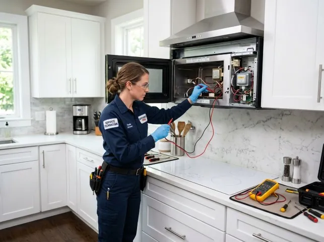 Appliance Repair Hero technician testing an over-the-range microwave in a Broad Brook, CT kitchen